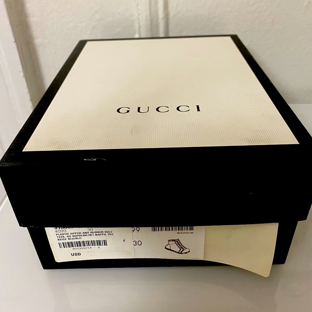 Used Beige Blue Kids Gucci high top Sneakers.